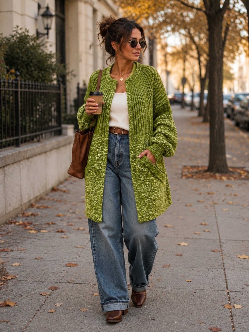 Chunky Handmade Moss Green Marled Cardigan Sweater Ribbed Yoke Pockets L